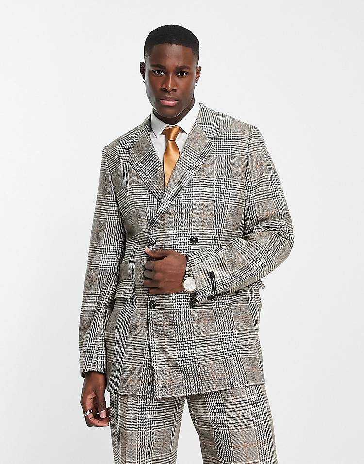 Jack & Jones Premium loose fit suit in check - BROWN